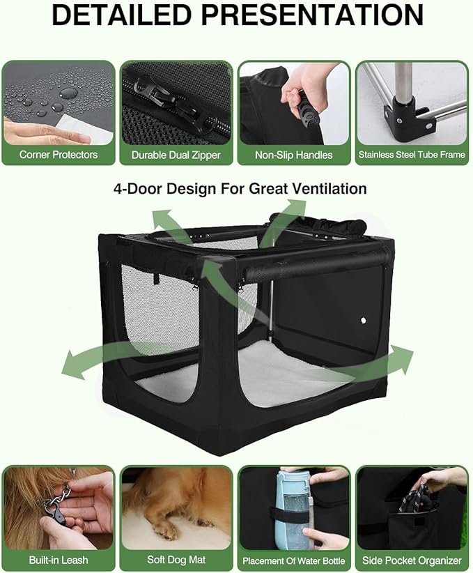 30 Inch Collapsible Travel Dog Crate for Medium Large Dogs, Portable Dog Crate 4-Door Foldable Soft Kennel with Chew-Proof Mesh Windows for Indoor & Outdoor Travel,with Storage Bag,Black