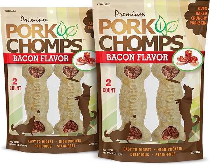 Pork Chomps Dog Chews, 4-inch Crunchy Bones, Bacon Flavor, 2 Count (Pack of 2)