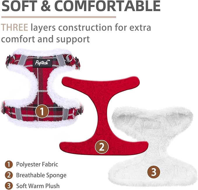 PUPTECK No Pull Dog Harness and Leash Set Reflective No Choke Step in Puppy Halter for XS Small and Medium Sized Dogs, Red Plaid, Plush, M