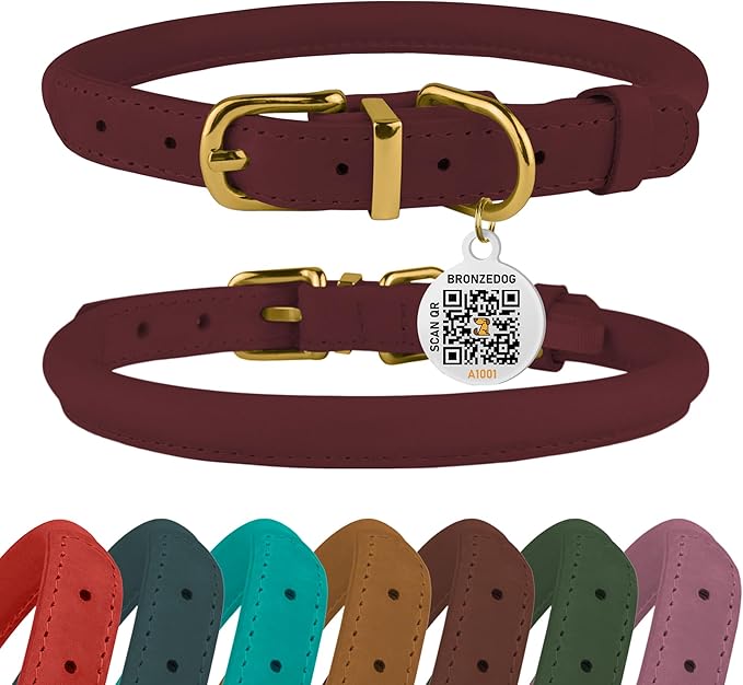 BRONZEDOG Rolled Leather Dog Collar with QR ID Tag Adjustable Soft Round Collars for Small Medium Large Dogs Puppy Cat (16" - 19" Neck Size, Burgundy)