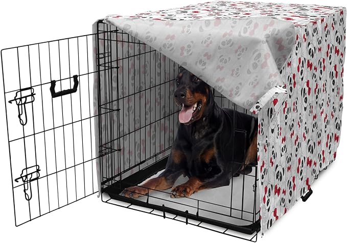 Lunarable Panda Dog Crate Cover, Funny Pattern of Asian Bear Animal in Romantic Bow Tie Cartoon Design, Easy to Use Pet Kennel Cover for Medium Large Dogs, 42 Inch, Pale Grey Black and Red