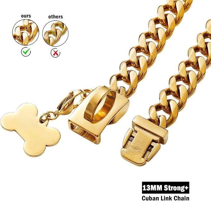 Gold Dog Chain Collar,18K Gold Plated Stainless Steel Cuban Link Chain Necklace Collar for Medium Dogs(Length - 18'')