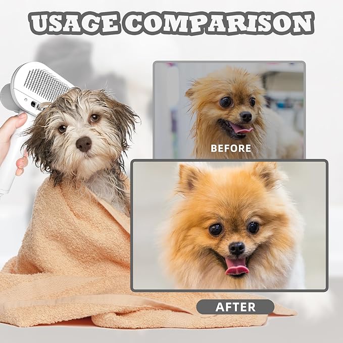 2-in-1 Pet Grooming Dryer and Brush - Overheating Protection, 3 Blowing Modes, Low Noise - Ideal for Small and Medium Dogs/Cats - Slim Handle (White)