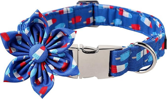 Lionet Paws Patriotic Female Dog Collar with Flower, 4th of July, Soft and Comfortable Adjustable Summer Popsicle Collar for Dogs, Small, Neck 10-16 inches