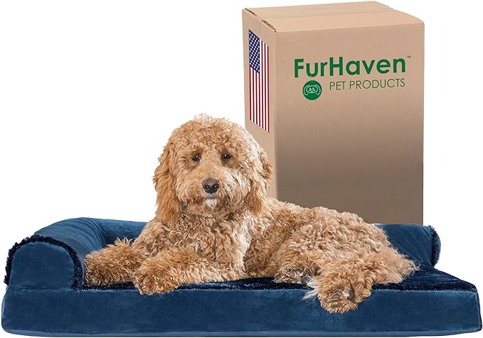 Furhaven Orthopedic Dog Bed for Large/Medium Dogs w/ Removable Bolsters & Washable Cover, For Dogs Up to 55 lbs - Plush & Velvet L Shaped Chaise - Deep Sapphire, Large