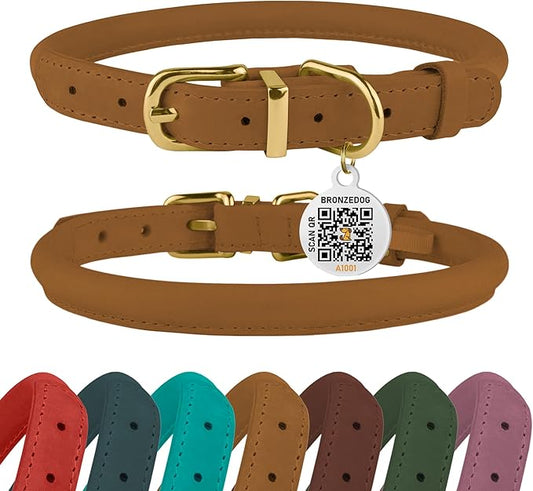 BRONZEDOG Rolled Leather Dog Collar with QR ID Tag Adjustable Soft Round Collars for Small Medium Large Dogs Puppy Cat (7" - 10" Neck Size, Light Brown)