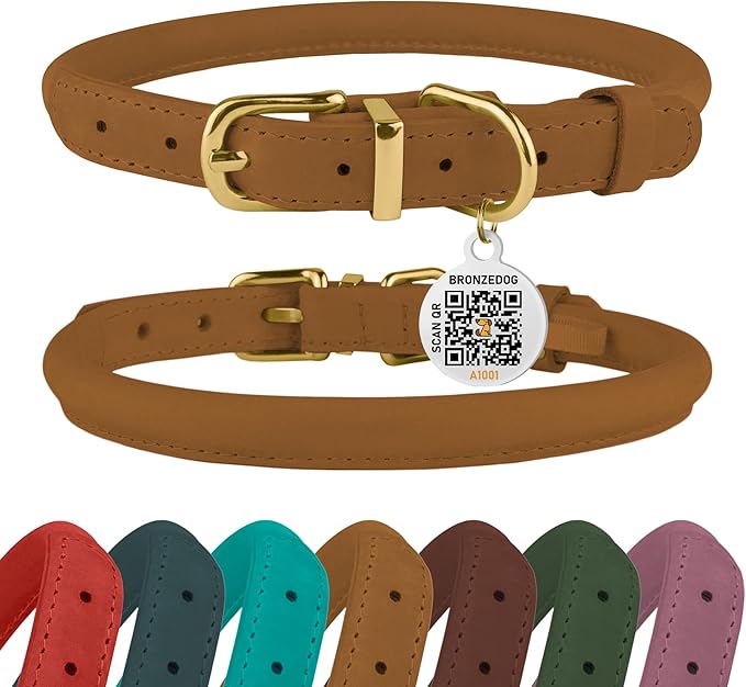 BRONZEDOG Rolled Leather Dog Collar with QR ID Tag Adjustable Soft Round Collars for Small Medium Large Dogs Puppy Cat (Light Brown, 16" - 19" Neck Size)