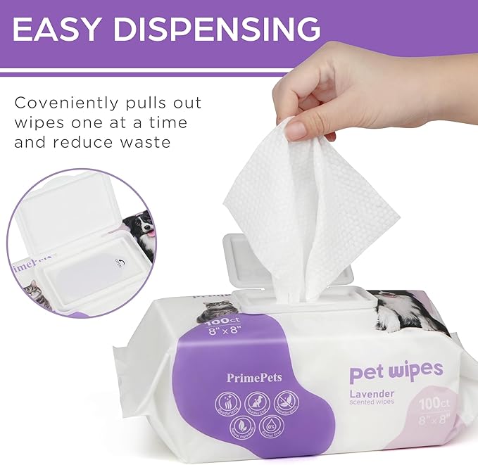 PrimePets Dog Wipes for Paws and Butt, 100 Count, 8" x 8" Pet Wipes for Dogs Cats Cleaning Deodorizing, Lavender Scented, Extra Thick Puppy Wipes for Sensitive Skin, Grooming for Bums, Face and Body