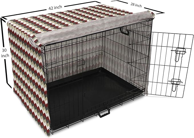 Lunarable Chevron Dog Crate Cover, Chevron Pattern with Vivid Color Scheme Stripes Design Modern Geometric, Easy to Use Pet Kennel Cover for Medium Large Dogs, 42 Inch, Burgundy Grey Eggshell