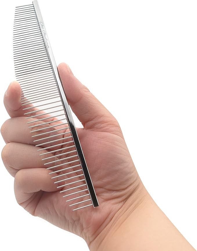Chris Christensen 00C 6.5 in Crescent Coarse/Fine Finishing Butter Comb, Groom Like a Professional, Rounded Corners Prevent Friction and Breakage, Solid Brass Spin with Steel Teeth, Chrome Finish