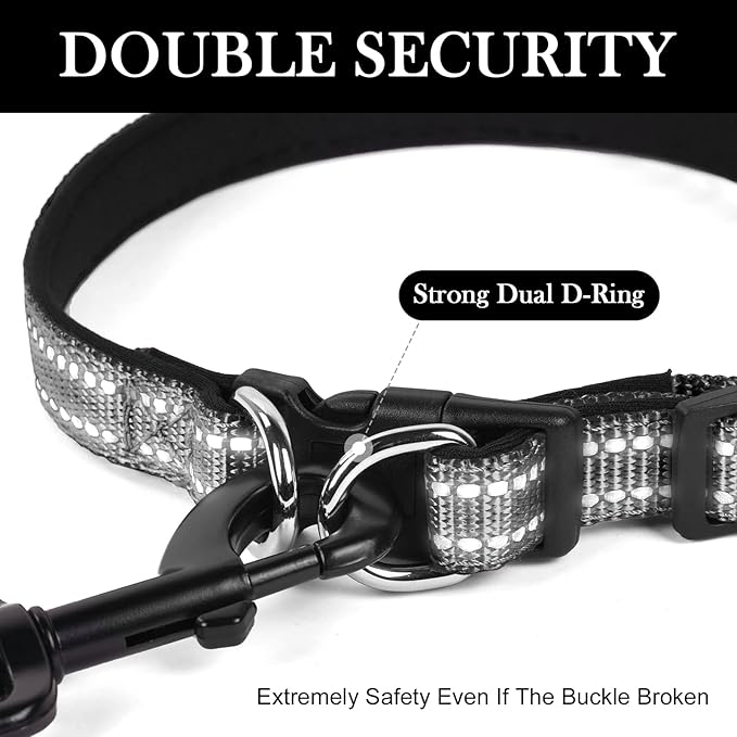 AUAUY Reflective Nylon Dog Collars, Adjustable Classic Pet Collars with Soft Neoprene Padding, Double Security Dual D-Ring and Quick Release Buckle for Small Puppy, Medium and Large Dogs (Black-M)