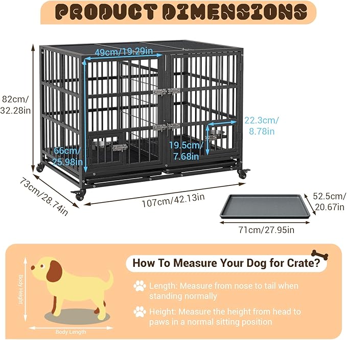 Metal Dog Crate, 42 Inch Heavy Duty Dog Crate with Divider, 2 Feeding Door and Bowls, Dog Kennel Indoor with Wheels, for 2 Small Dogs/1 Large Dog
