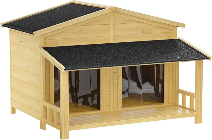 KELRIA 47.2" Dog House, Waterproof Dog Kennel, Wooden Outdoor and Indoor Dog House, Log Cabin Style with Porch,Elevated Floor, 2 Doors, Pine Wood + Natural