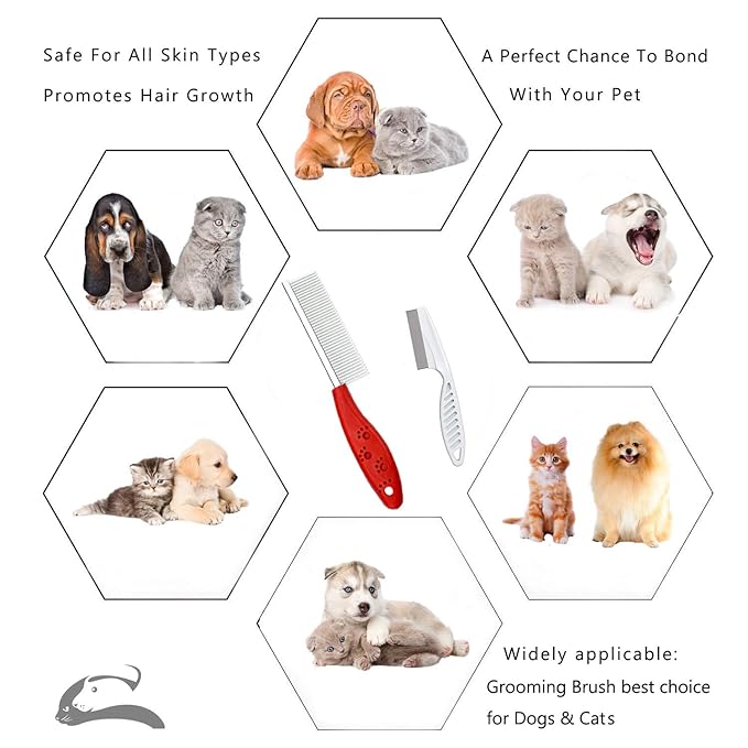 Pet Comb for Dogs & Cats,Small Dog & Cat Grooming Comb 2 Combs,Pet Stainless Steel Teeth Dogs Comb for Removing Matted Fur, Knots & Tangles,Shedding Comb,Red