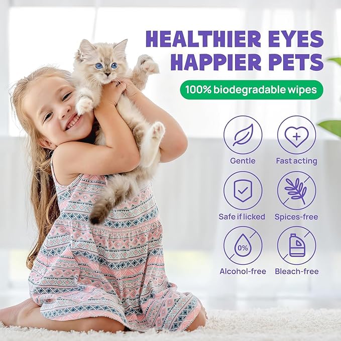 HICC PET Eyes Wipes for Dogs & Cats - Gently Remove Tear Stain, Eye Debris, Discharge, Mucus Secretions - Coconut Oil Pet Cleaning Grooming Deodorizing Wipes for Eyes, Wrinkle, Face - Unscented