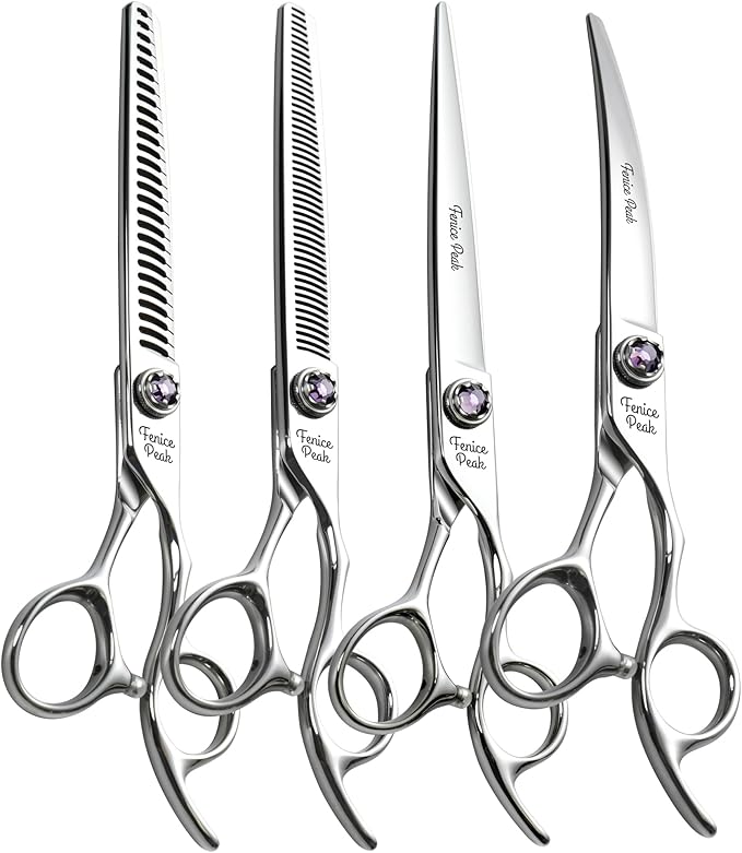 Fenice Peak 7 inch Dog Grooming Scissors Set 4PCS Straight Curved Thinner Chunker Professional Dog Shears Made of Japanese 440C Stainless Steel with Jewelled Screw Durable and Sharp