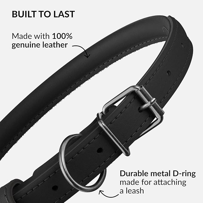 CollarDirect Rolled Leather Dog Collar, Soft Padded Round Puppy Collar, Handmade Genuine Leather Collar Dog Small Large Cat Collars 13 Colors (15-18 Inch, Black Smooth)
