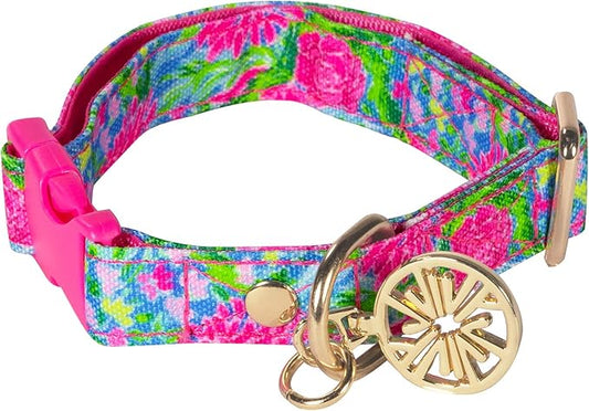 Lilly Pulitzer Adjustable Puppy Dog Collar, Cute Heavy Duty Canvas Collar with Snap Closure and Ring for Leash/Tag, Bunny Business (S/M)