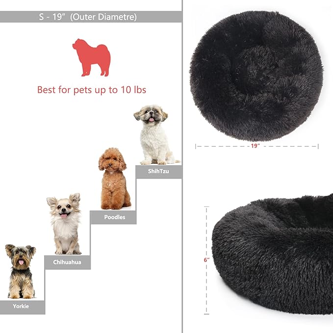 nononfish Puppy Beds for Small Dogs Washable 19” Black Calming and Anxiety Pet Beds Fluffy and Plush Durable Small Dog Bed