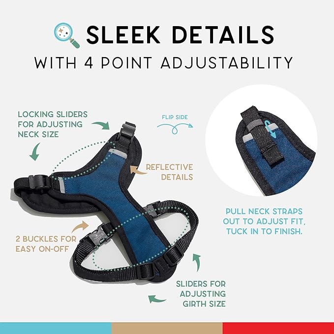 Dog Harness, Puppy Harness, Soft Harness for Dogs, Comfortable Dog Harness, Small Dog Harness, Dog Harness with Padding, Snug Fit Design, 4 Point Adjustable - Wildebeest (M - 22~28 inch Girth, Navy)