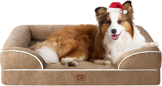 EHEYCIGA Orthopedic Dog Beds for Large Dogs, Waterproof Memory Foam Large Dog Bed with Sides, Non-Slip Bottom and Egg-Crate Foam Large Dog Couch Bed with Washable Removable Cover, Camel