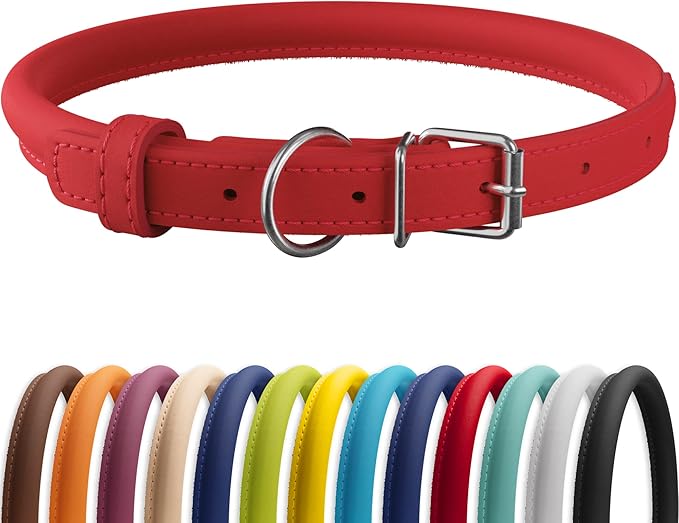 CollarDirect Rolled Leather Dog Collar, Soft Padded Round Puppy Collar, Handmade Genuine Leather Collar Dog Small Large Cat Collars 13 Colors (15-19 Inch, Red Smooth)