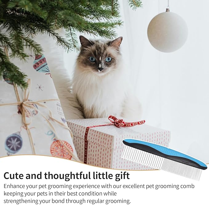 Pet Comb for Dogs and Cats - 2-in-1 Design with Wide & Narrow Teeth, Stainless Steel Round Ends for Safe Detangling, Non-Slip Handle, Removes Knots, Mats, Tangles, and Loose Fur