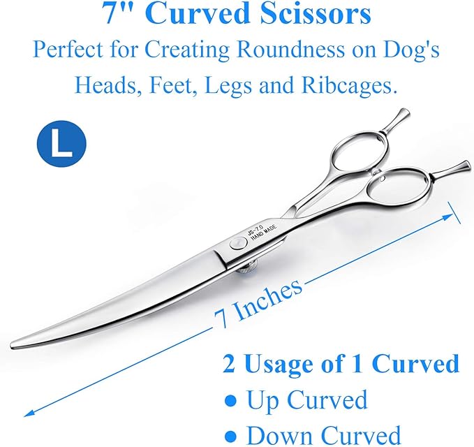 JASON 7" Curved Dog Grooming Scissors, Cats Grooming Shears Pets Trimming Kit with for Left Handed Groomers, Sharp, Comfortable Shear
