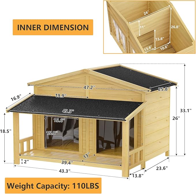 KELRIA 47.2" Dog House, Waterproof Dog Kennel, Wooden Outdoor and Indoor Dog House, Log Cabin Style with Porch,Elevated Floor, 2 Doors, Pine Wood + Natural