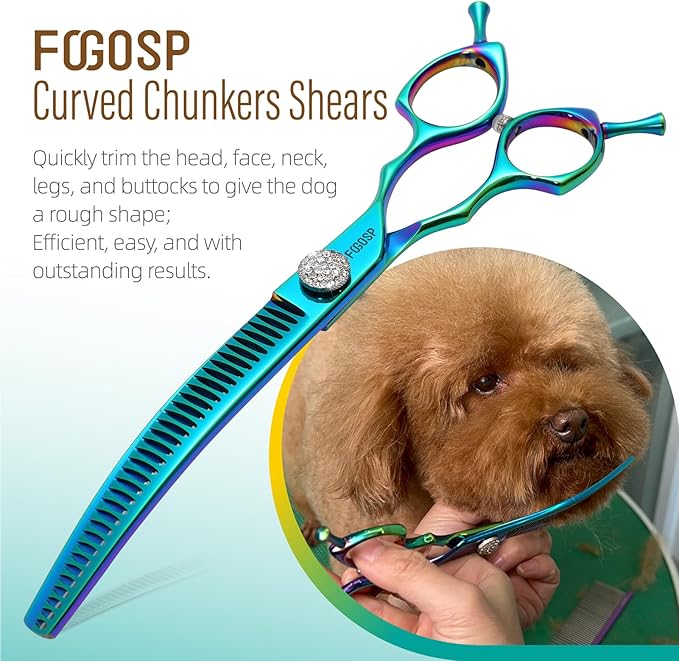 45°Curved Dog Grooming Scissors Curved Thinning Shears Curved Chunkers Dog Shears 3Pcs Combo (Turquoise)