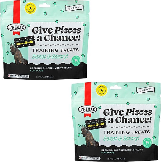 Primal Chicken Jerky Dog Treats Made with Chicken Bone Broth for Dogs, Give Pieces a Chance, Training Treat for Dogs, 4 oz (Pack of 2)