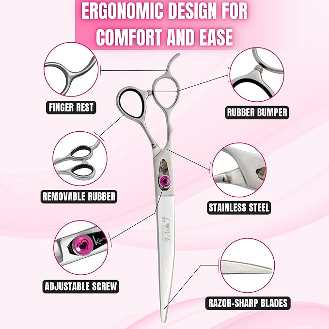 Kenchii Left Handed Dog Grooming Scissors | 8 Inch Shears | Curved Scissors for Dog Grooming | Love Collection Dog Shears | Pet Grooming Accessories | Pet Hair Trimming Scissor