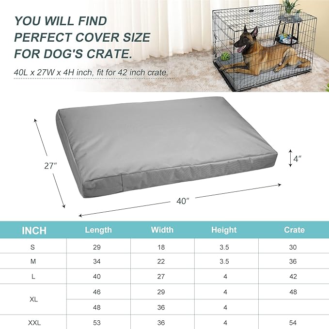 Explore Land Waterproof Dog Bed Cover Canvas Washable Dog Crate Pad Replacement Cover for 42 Inch Crate, 40Lx27Wx4H inch, Gray