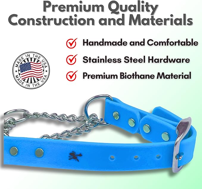 Martingale Collar for Dogs, Biothane, Stainless Steel Hardware, No Pull, Made in The USA, Professional Grade, Large Light Blue