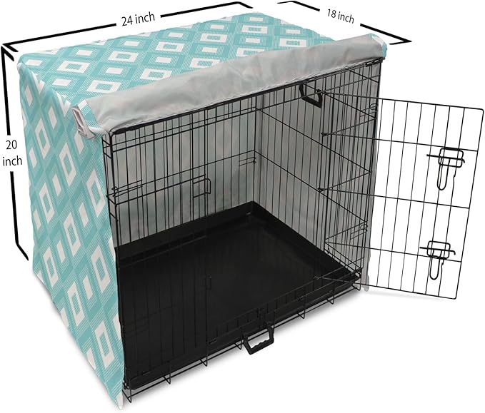 Lunarable Geometric Dog Crate Cover, Nested Diagonal Squares with Tiny Polka Dots Symmetric Repetition, Easy to Use Pet Kennel Cover for Cats & Medium Dogs, 24 Inch, White and Pale Teal