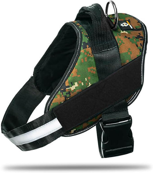Non Pull Dog Harness with Patch Panels and Handle, Adjustable, Reflective, No Choke, Heavy Duty Easy On Service Dog Vest Harnesses for Medium Large Small Sized Dogs - Military Green, 2XL