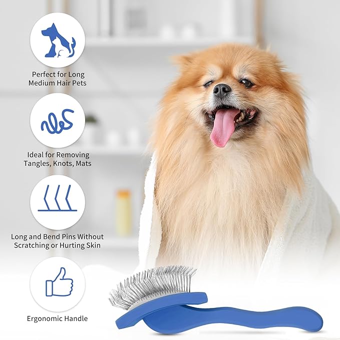 Slicker Brush for Dogs, Long Pin Dog Grooming Brush for Goldendoodles, Poodles, Doodles & More, Includes Bonus Pet Comb, Perfect for De-Shedding, Dematting & Reducing Tangles. Large, Blue