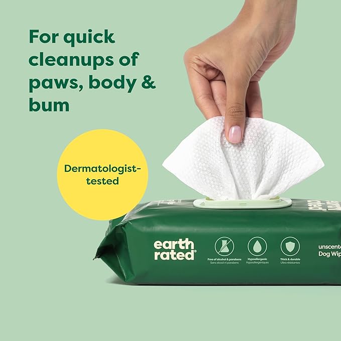 Earth Rated Pet Grooming Wipes for Dogs and Cats, Hypoallergenic, Cleaning and Hydrating, for Paws, Body and Butt, Unscented, 100 Count