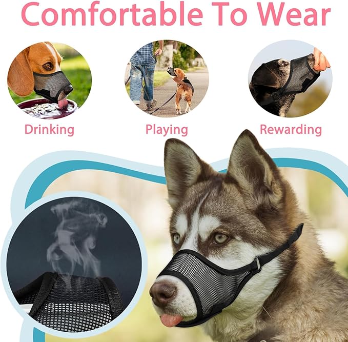 LUCKYPAW Dog Muzzle, Mesh Dog Muzzle for Large Medium Small Dogs, Soft Muzzles for Biting Chewing Fierce Barking, Breathable Muzzle with Adjustable Strap for Training (Black, S(Snout:7.75"-8.75"))