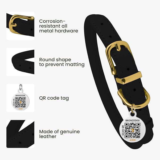 BRONZEDOG Rolled Leather Dog Collar with QR ID Tag Adjustable Soft Round Collars for Small Medium Large Dogs Puppy Cat (7" - 10" Neck Size, Black Night)