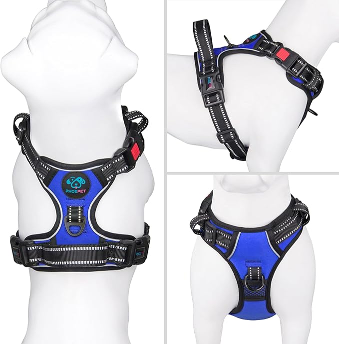 PHOEPET No Pull Dog Harness Medium Reflective Front Clip Vest with Handle,Adjustable 2 Metal Rings 3 Buckles,[Easy to Put on & Take Off](L, Royal Blue)