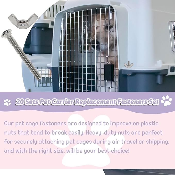 20 Sets Pet Carrier Replacement Fasteners Set - Heavy Duty Stainless Steel Bolts and Nuts for Kennel and Carrier - Dog and Cat Carrier Replacement Parts, M5×40-W