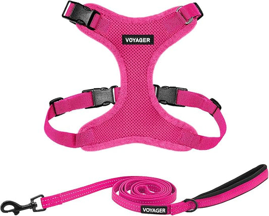 Voyager Step-in Lock Dog Harness w Reflective Dog Leash Combo Set with Neoprene Handle 5ft - Supports Small, Medium and Large Breed Puppies/Cats by Best Pet Supplies - Fuchsia, M