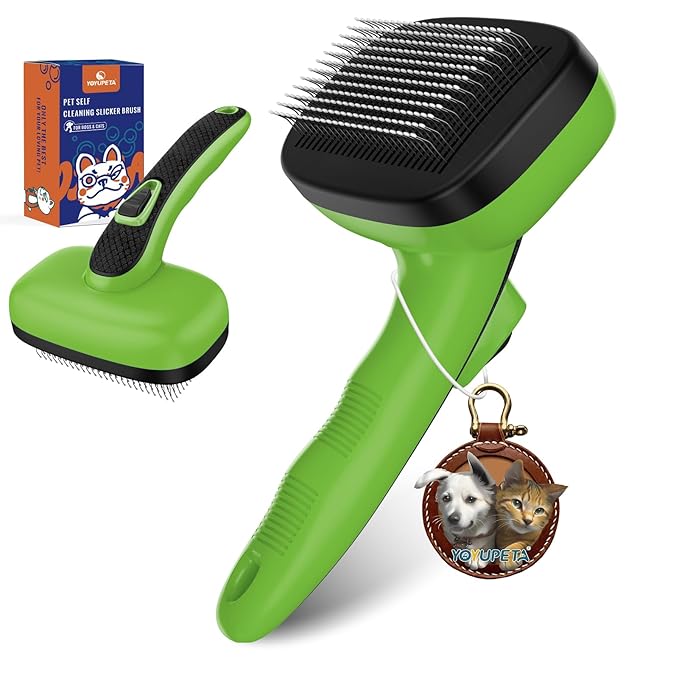 Dog Self Cleaning Slicker Brush for Shedding, Ideal for Short Long Haired Dogs, Including Cat. Removes Loose Fur, Undercoat, Mats, Tangled Hair. Suit for Large Medium Small Animal, Green