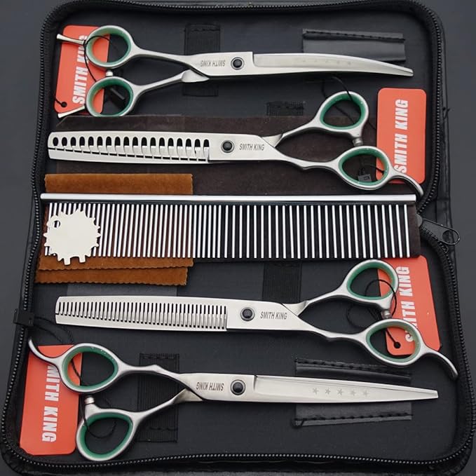Professional Dog Grooming Shears Set Dogs Straight & thinning & Curved scissors & chunkers Scissorswith comb in 1 Set for Right-handed & Left-handed (7 In. Silvery Left-handed)