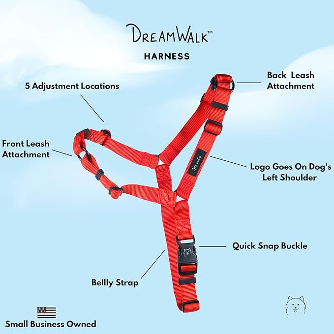 ShawnCo Dream Walk No-Pull Dog Harness- Adjustable, Comfortable, Easy to Use Pet Halter to Help Stop Pulling for Small, Medium and Large Dogs (Mustang Red, S)
