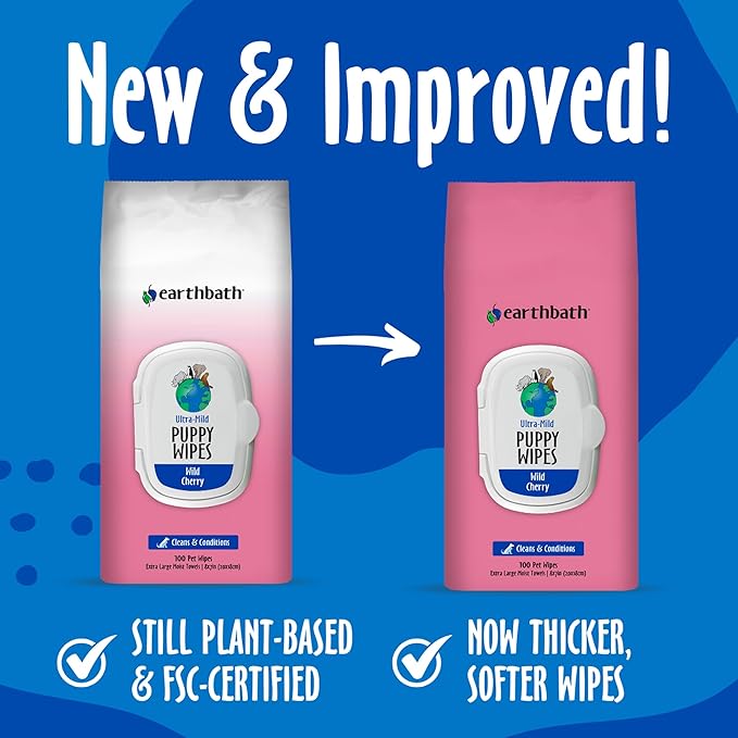 earthbath, Ultra-Mild Wild Cherry Puppy Wipes - Dog Wipes for Paws and Butt, Best Pet Wipes for Dogs & Puppies, Made in USA, Cruelty-Free Dog Cleaning Wipes - 100 Count (2 Pack)