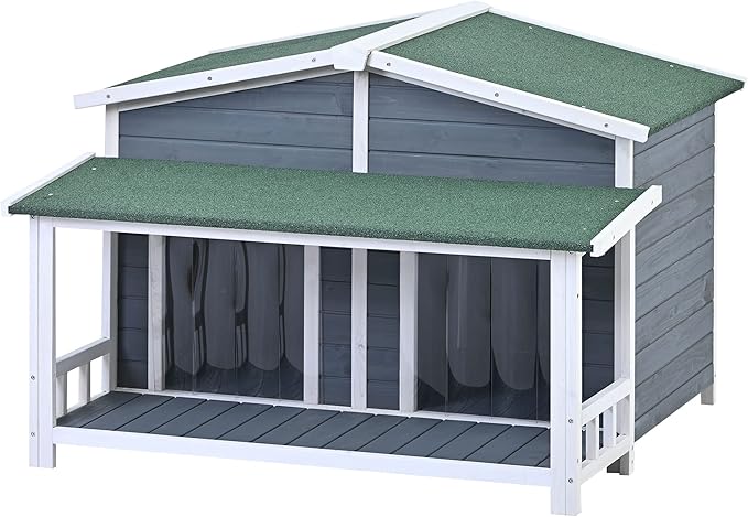 YOTPO 47.2" Wooden Indoor & Outdoor Medium Dog House with Porch Door and Removable Curtain,Pet Kennel with Weatherproof Solid Wood,for Yard,Garden,Living Room,Villa,Gray