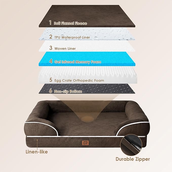 EHEYCIGA Orthopedic XL Dog Beds, Waterproof Memory Foam Dog Bed for Extra Large Dogs, Non-Slip Bottom and Egg-Crate Foam Big Dog Couch Bed with Washable Removable Cover, Brown