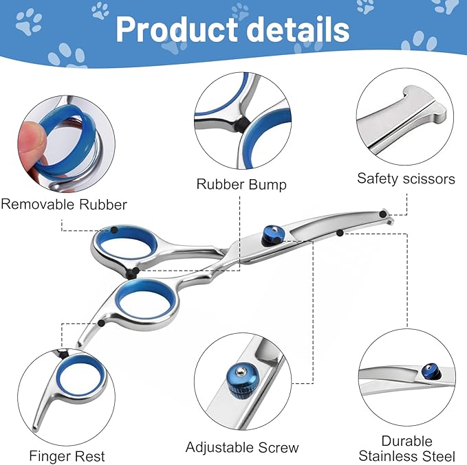 Curved Dog Grooming Scissors with Safety Round Tips, Light Weight Professional Pet Trimming Grooming Shears 4CR Stainless Steel for Nose Hair,Ear Hair,Face Hair,Paw Hair for Dogs and Cat